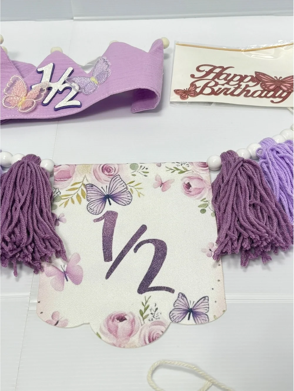Half Birthday Party Decoration Set with Purple Crown, Tassel Garland For Baby
